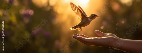 A hummingbird landing on a hand in nature