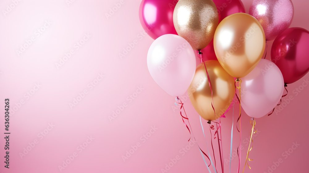 bouquets of gold and pink helium balloons on pink background