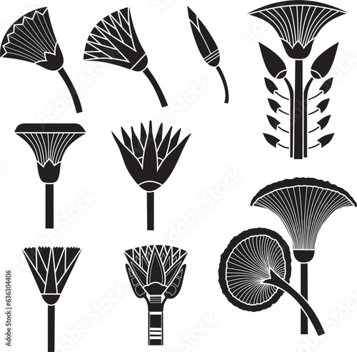 Vector black monochrome set of ancient Egyptian signs and symbols. Lotus flower