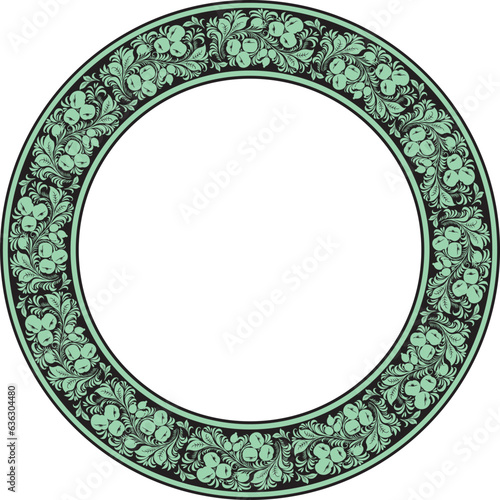 Vector green round Russian folk ornament Khokhloma. National endless circle, border, frame of Slavic peoples, Belarusians, Ukrainians..
