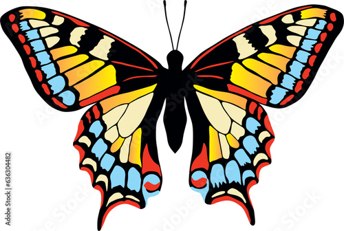 Vector colorful butterfly. A beautiful insect with large colored wings. Drawing of a flying beetle..