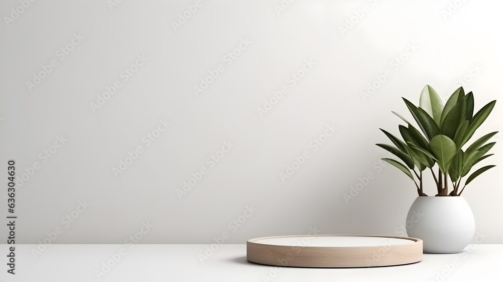 Empty podium for product display, white wall background with plant Empty podium for product display, white wall background with plant