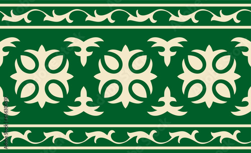 Vector green and gold seamless Kazakh national ornament. Ethnic endless pattern of the peoples of the Great Steppe, .Mongols, Kyrgyz, Kalmyks, Buryats. circle, frame border.
