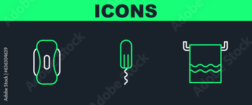 Set line Towel on a hanger, Sanitary napkin and tampon icon. Vector