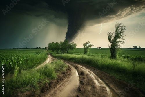 A landscape with a menacing tornado in a field, with a dirt path. Generative AI
