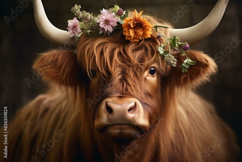 Flower-crowned brown highland cow. Generative AI photo