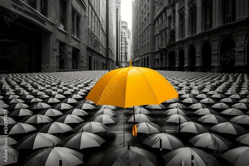 Yellow umbrella on a backdrop of gray umbrellas in the city. Emphasizing business and safety. Generative AI