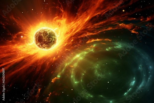 Visual of solar flare and magnetic storm with Earth and stars. Generative AI