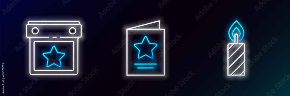 Set line Birthday cake candles, Calendar party and Greeting card icon. Glowing neon. Vector Set line Birthday cake candles, Calendar party and Greeting card icon. Glowing neon. Vector