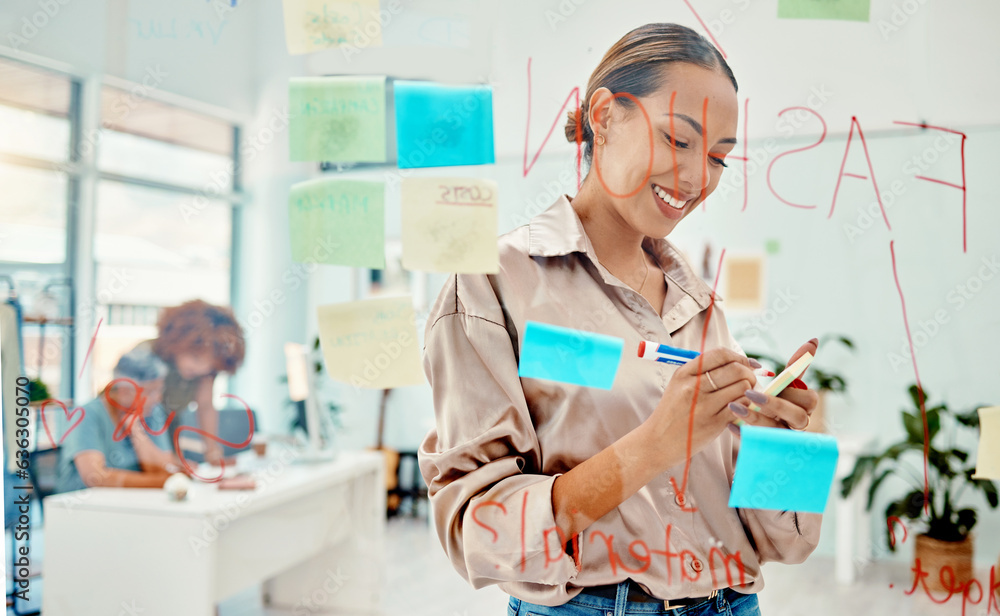 Obraz premium Board, ideas or happy woman brainstorming fashion design, planning or writing draft in small business. Creative person, sticky note or happy designer working on schedule or mind map on glass wall