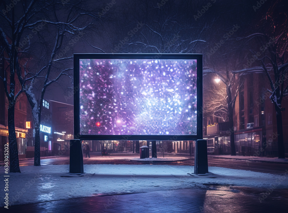 Bright billboard frame located in the winter night cityscape, open canvas for creativity and promotion Bright billboard frame located in the winter night cityscape, open canvas for creativity and promotion