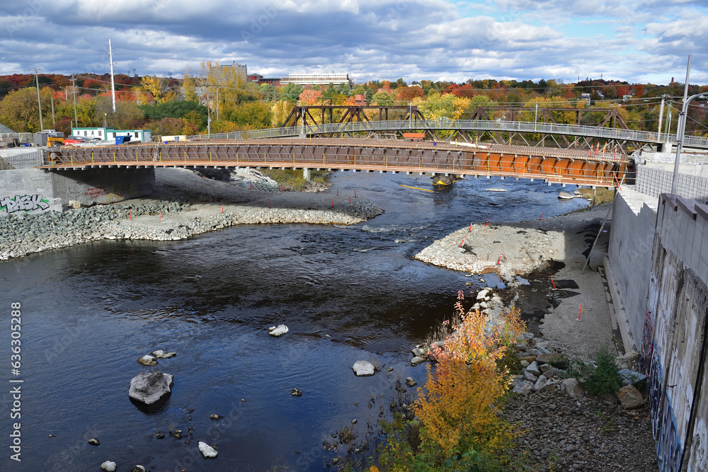 SHERBROOKE, QUEBEC, CANADA - October 10, 2022 Bridge construction over Magog river. Pont des Grandes Fourches.