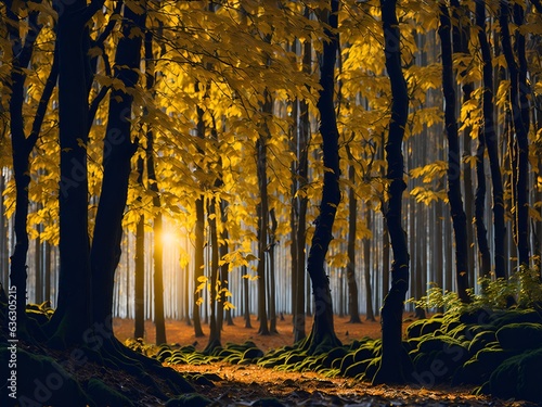 A majestic autumn forest  illuminated by the vibrant colors of the changing leaves