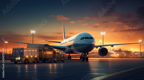 Commercial cargo air freight airplane loaded at airport in the evening, Generative Ai