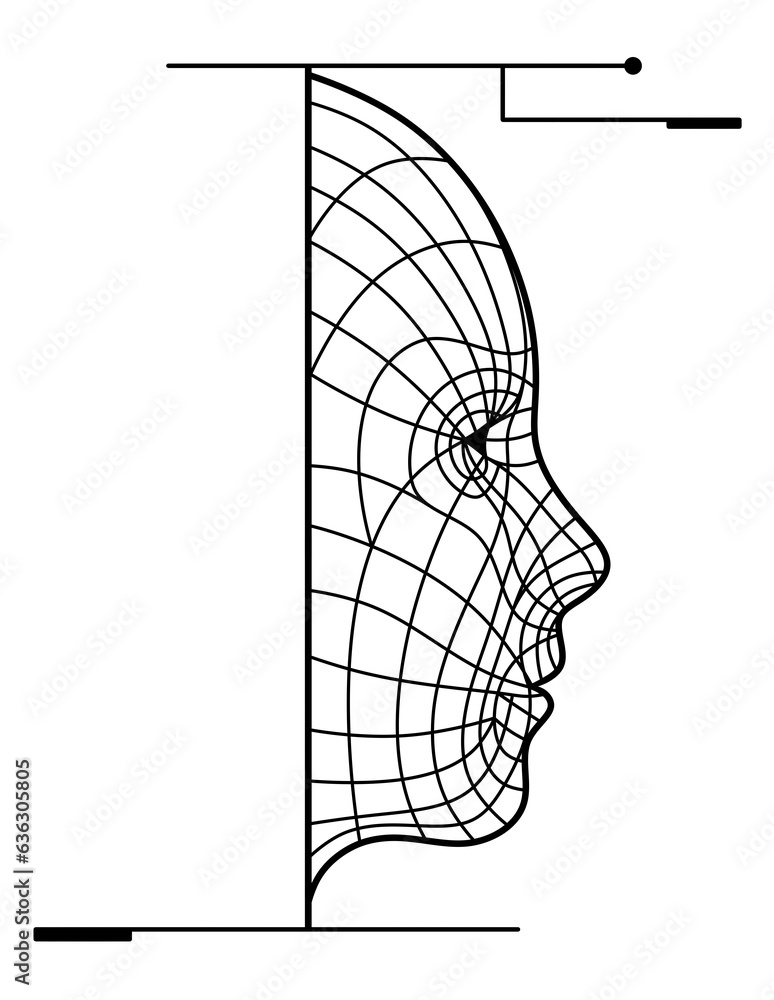 The profile of the face is drawn with lines. The concept of artificial intelligence or virtual assistant or autopilot. Black and white futuristic face logo.