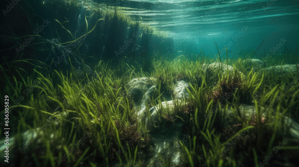 Fototapeta premium Underwater view of a group of seabed with green seagrass.