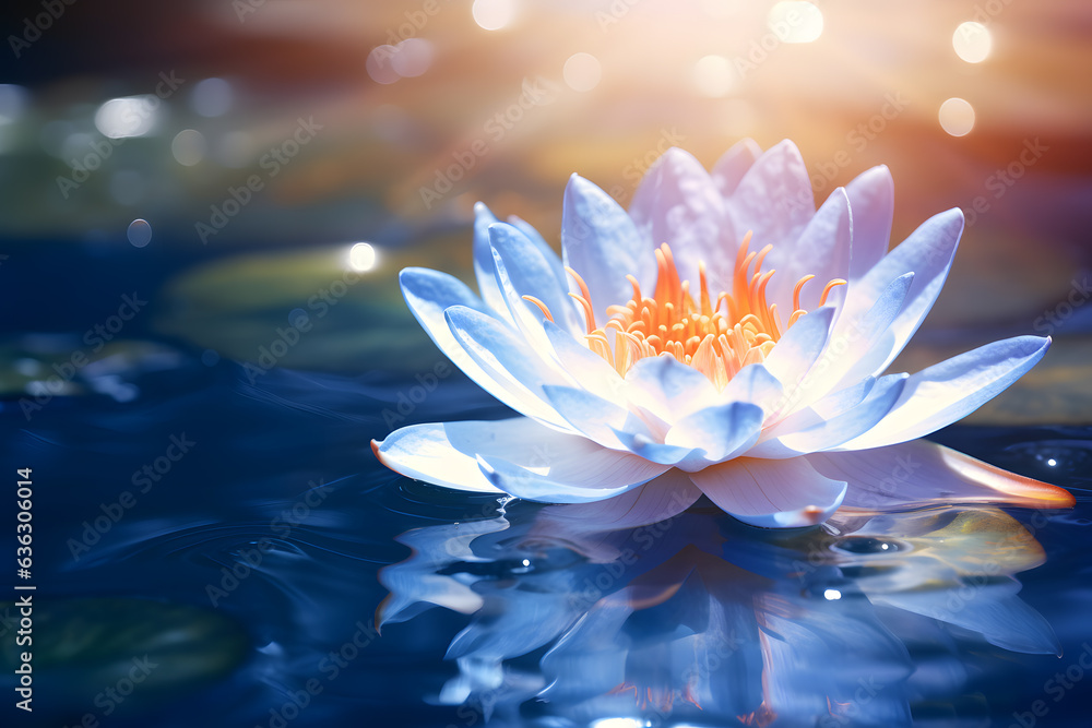 Water Lily Floating on Blue Water in Soft Bright Light