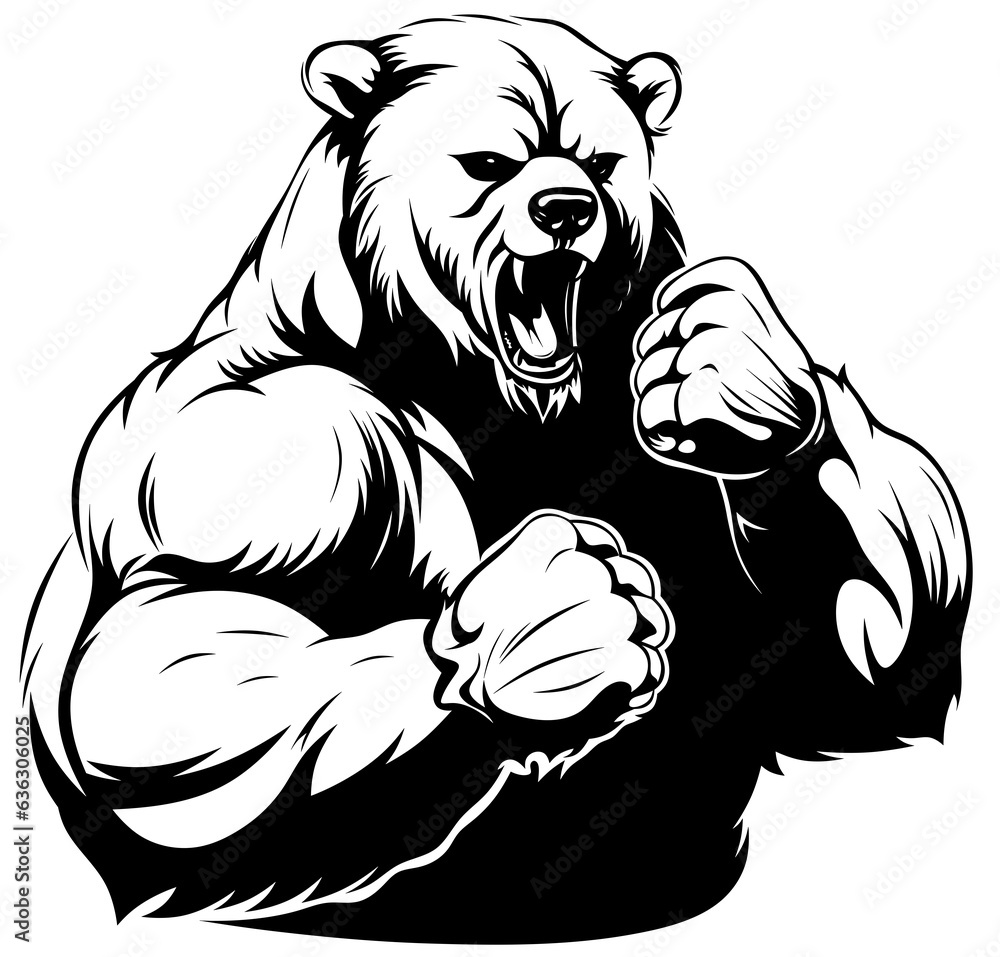 A bear with big muscles in a fighting stance. Black and white emblem