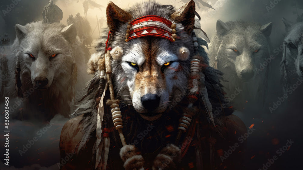 Warrior Wolf Spirit Illustration - obrazy, fototapety, plakaty 
