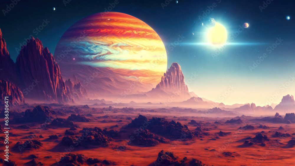 Alien planet landscape, 3d illustration of imaginary, fictional another planet background.