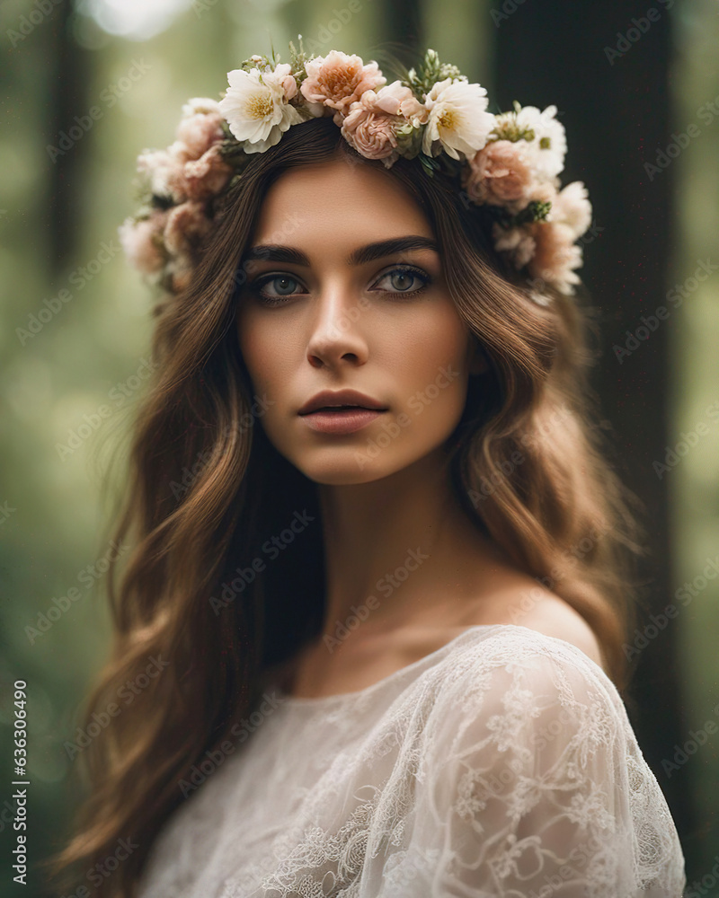 Beautiful girl with a wreath of wildflowers on her head against the background of trees in the forest Beautiful girl with a wreath of wildflowers on her head against the background of trees in the forest