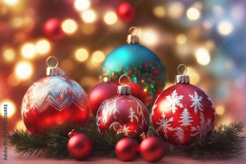 Christmas background with shiny balls, Christmas tree and blurred lights. Christmas background with shiny balls, Christmas tree and blurred lights.
