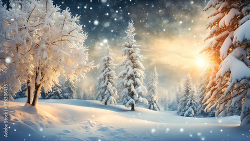 Winter view of falling snow and snow covered trees, festive magical winter background.