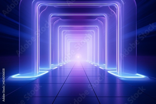 Abstract blue and purple gradient background with pillar structures, light channels, and a mysterious big 3D-rendered structure. Generative AI