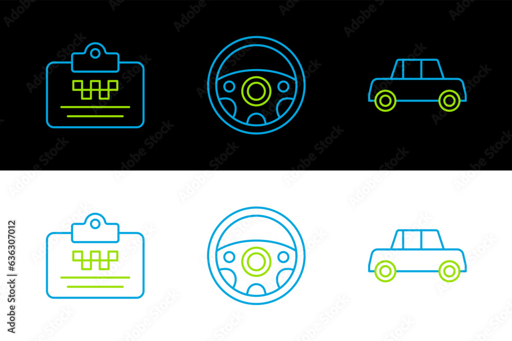 Set line Car, Taxi driver license and Steering wheel icon. Vector Set line Car, Taxi driver license and Steering wheel icon. Vector