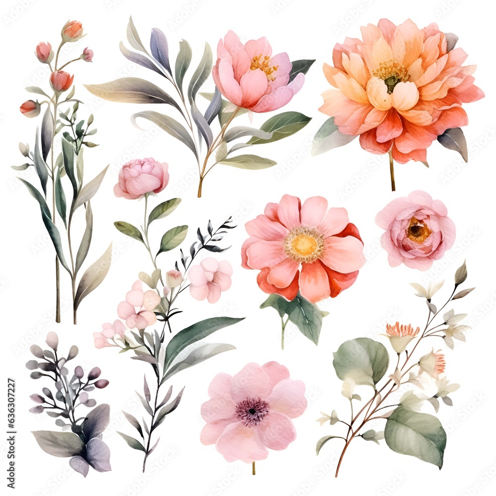 Obraz premium Watercolor garden flower illustration set isolated on white background. Botanic, floral element collection for greeting card, invitations, wedding, birthday designs