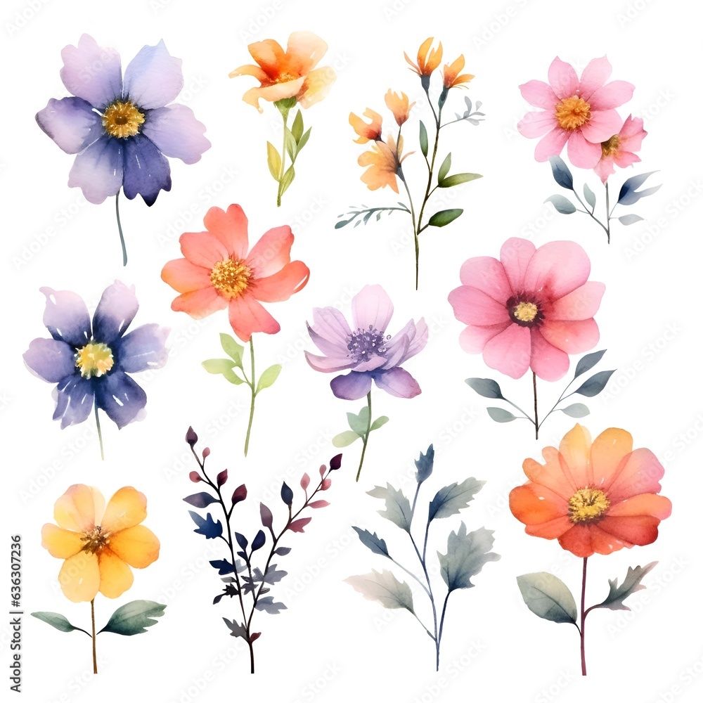 Watercolor garden flower illustration set isolated on white background. Botanic, floral element collection for greeting card, invitations, wedding, birthday designs