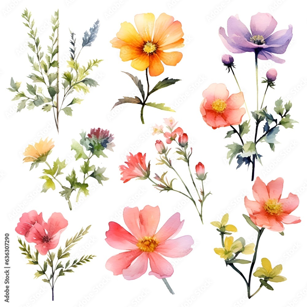 Obraz premium Watercolor garden flower illustration set isolated on white background. Botanic, floral element collection for greeting card, invitations, wedding, birthday designs