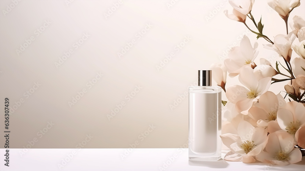 Perfume bottle with cherry blossoms on light background, closeup Perfume bottle with cherry blossoms on light background, closeup