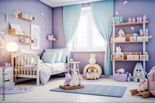 AI Generative. Interior design of baby boy bedroom. Pale purple concept color. Kids toys and kis furniture. Lovely, cute architecture room decoration. Clean and tidy