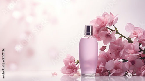 Perfume bottle with cherry blossoms on light background, closeup