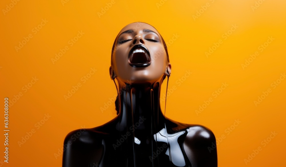Shilajit sticky resin pouring down the woman's body. Health benefits supplement background. AI generated image Shilajit sticky resin pouring down the woman's body. Health benefits supplement background. AI generated image