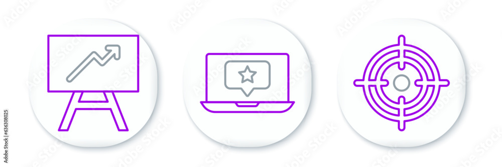 Set line Target, Board with graph chart and Laptop star icon. Vector Set line Target, Board with graph chart and Laptop star icon. Vector