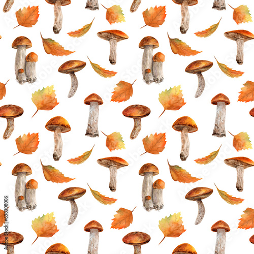 Watercolor seamless pattern with mushrooms boletus and leaves. Autumn botanical illustration for packaging design, textiles, wrapping paper, scrapbooking, wallpaper.