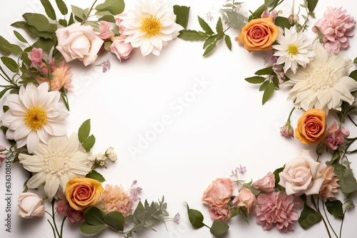 Beautiful floral frame on white background, flat lay. Space for text