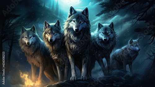 Enchanting Illustration of a Wolf Pack under the Moonlit Sky Created with Generative AI