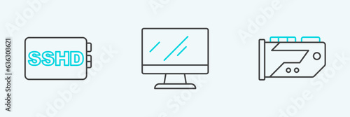 Set line Video graphic card, SSHD and Computer monitor screen icon. Vector