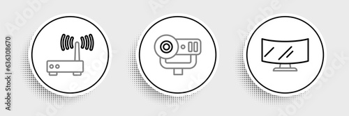 Set line Computer monitor screen, Router and wi-fi signal and Web camera icon. Vector
