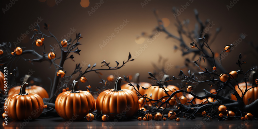 Halloween banner with cute decorated pumpkins on a dark background, 3D graphics