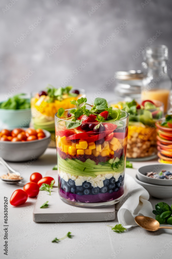 Rainbow Fruit and Veggie Salad pot with ingredients on light kitchen table. Vertical, side view. Rainbow Fruit and Veggie Salad pot with ingredients on light kitchen table. Vertical, side view.