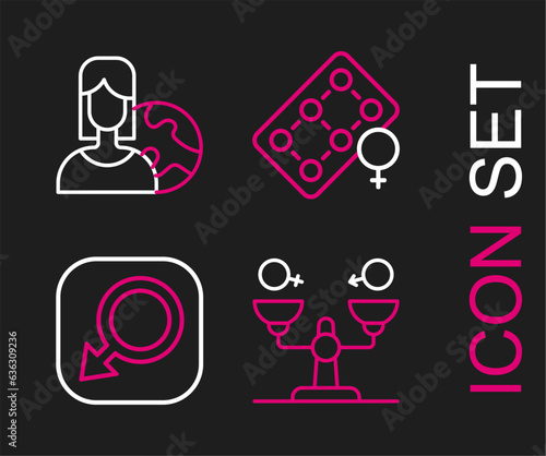 Set line Gender equality, Male gender, Packaging of birth control pills and Women from different countries icon. Vector