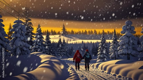 A couple walking in a snowy landscape. Generative ai