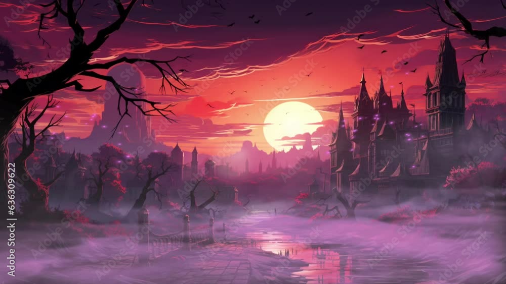 halloween fantasy scary city with animation looping video animated background