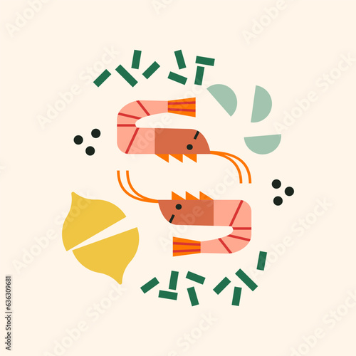 Abstract shrimp, prawn with lemon, herbs and garlic. Cute appetizing seafood recipe illustration. Geometric modern illustrations with seafood. 