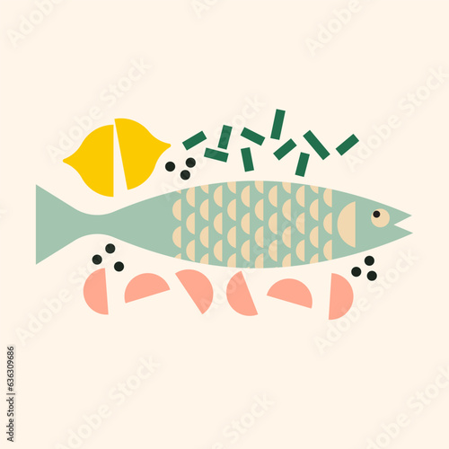 Whole fish with lemon and garlic for baking. Fish recipe illustration. Abstract healthy seafood with herbs for cooking. Geometric modern illustrations with seafood.