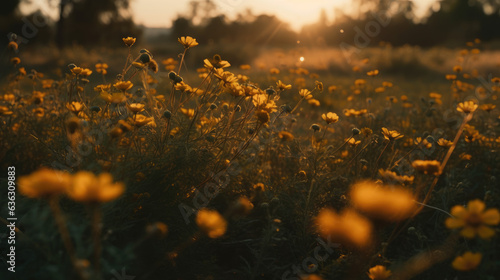 Yellow flowers with sunset on field.